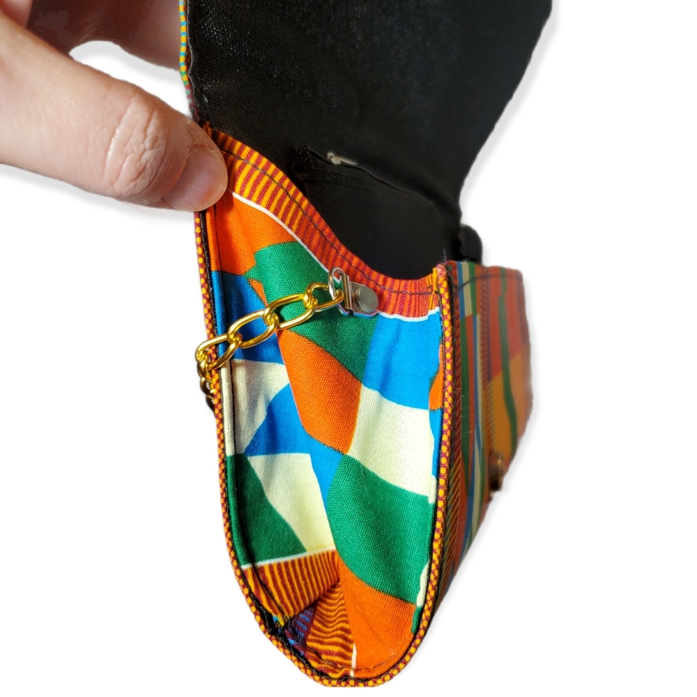 African Tribal Multicolored Fabric Clutch Purse with Chain and Bow - Picture 5 of 6